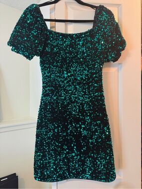 Altar'd State Teal Green Sequin Puff-Sleeve Mini Dress